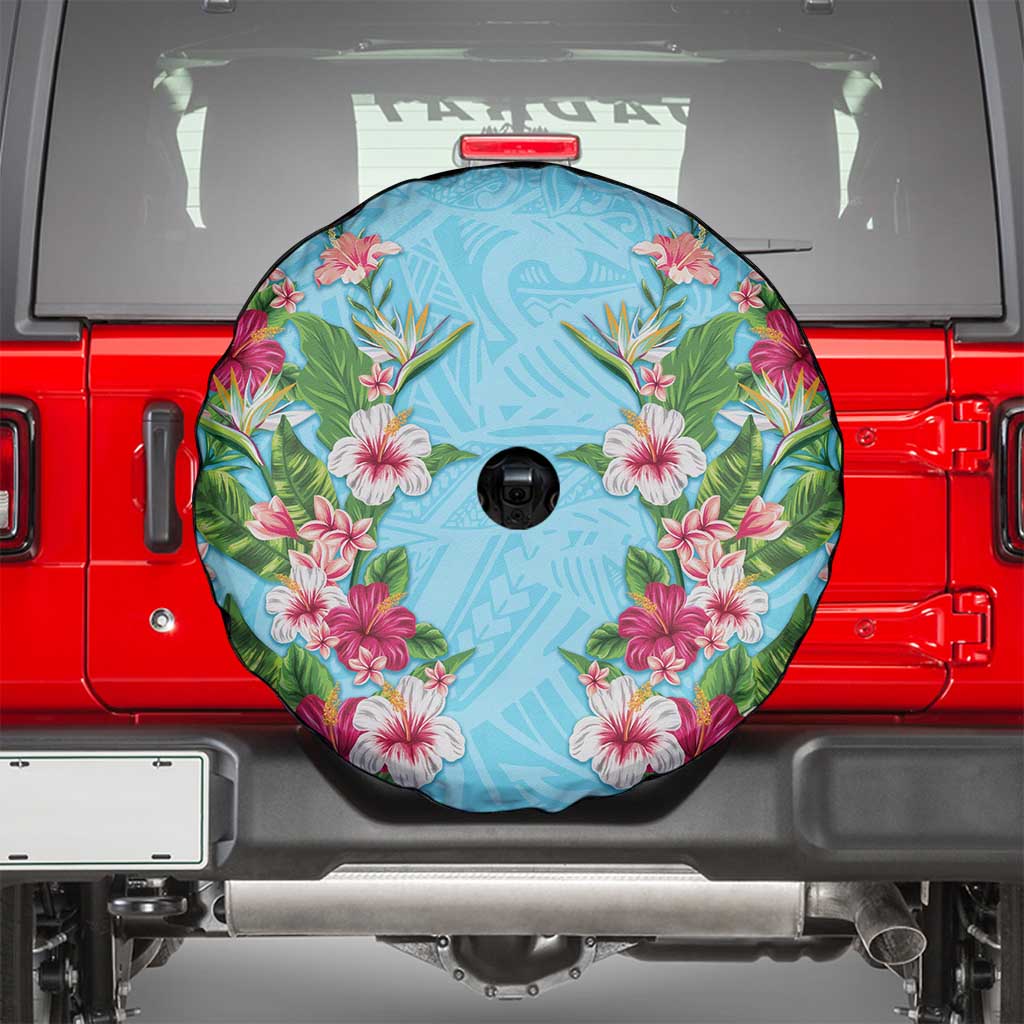 Hawaii Tropical Flowers Spare Tire Cover Sky Blue Polynesian Tattoo Art