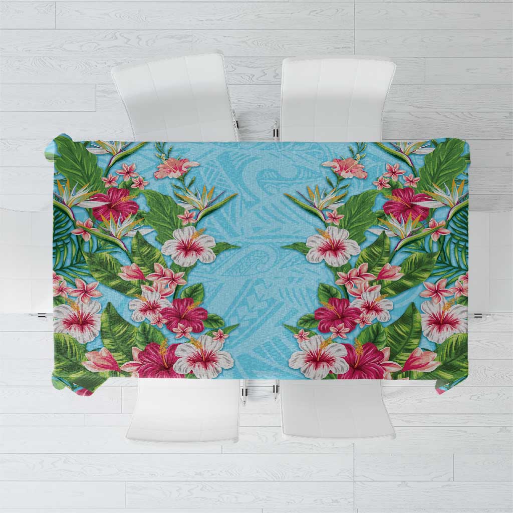Hawaii Tropical Flowers Tablecloth Sky Blue Polynesian Tattoo Art