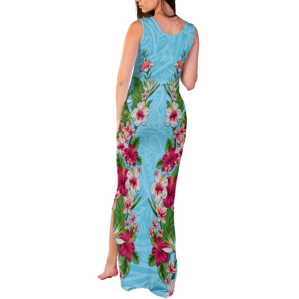 Hawaii Tropical Flowers Tank Maxi Dress Sky Blue Polynesian Tattoo Art