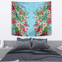 Hawaii Tropical Flowers Tapestry Sky Blue Polynesian Tattoo Art