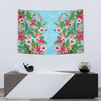 Hawaii Tropical Flowers Tapestry Sky Blue Polynesian Tattoo Art