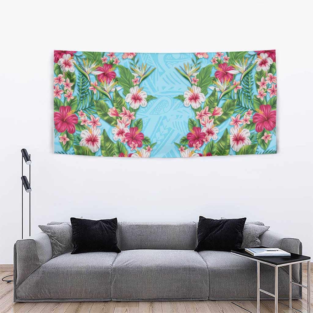 Hawaii Tropical Flowers Tapestry Sky Blue Polynesian Tattoo Art