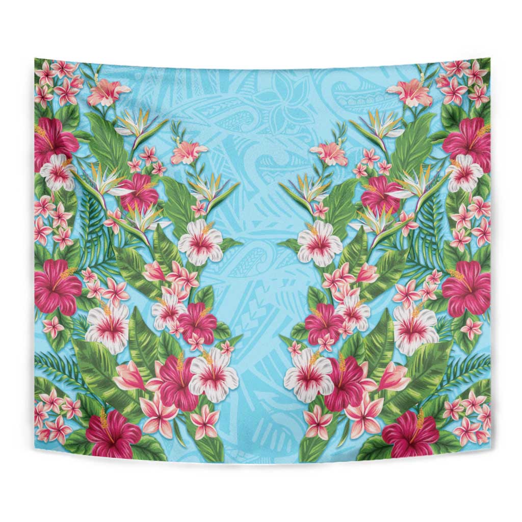 Hawaii Tropical Flowers Tapestry Sky Blue Polynesian Tattoo Art
