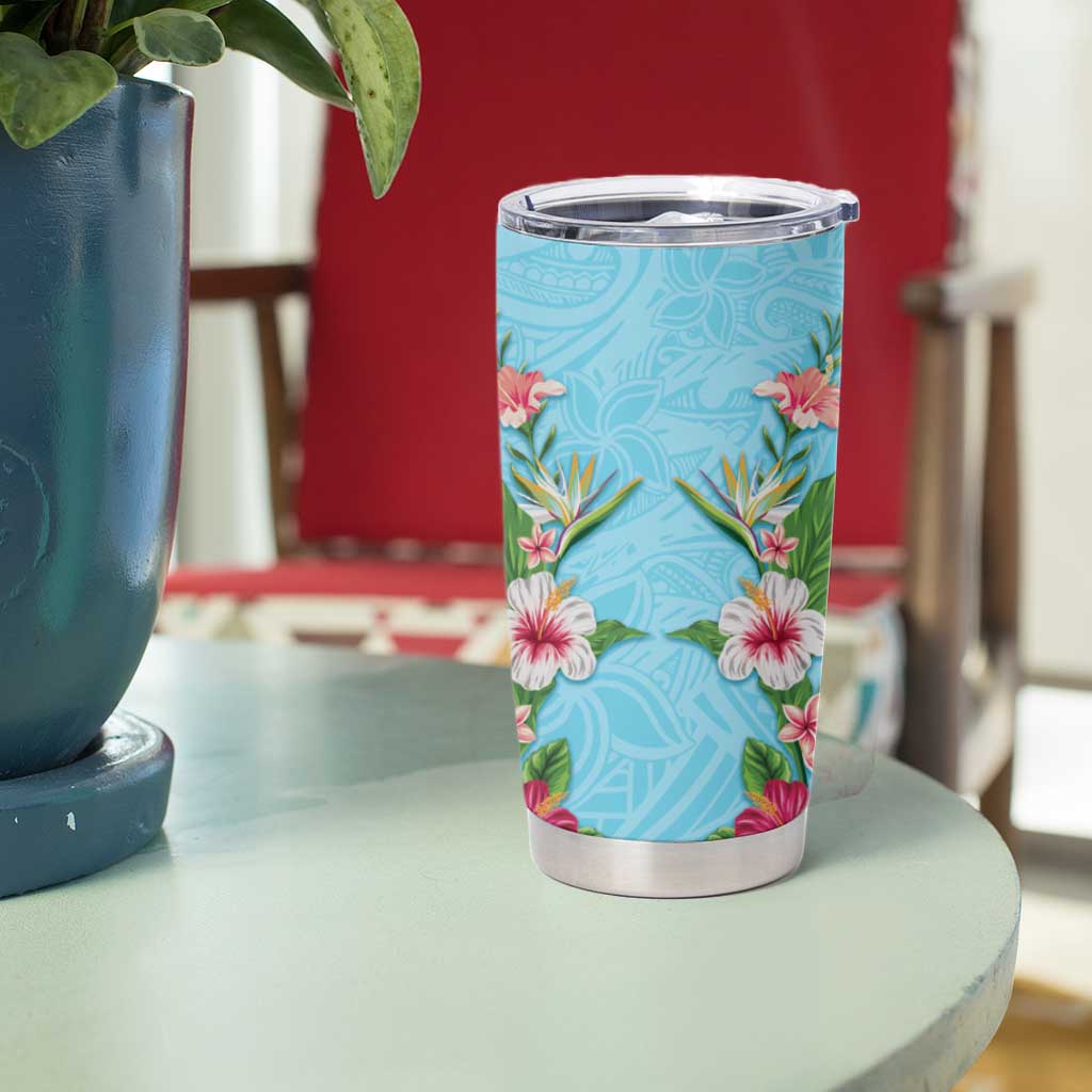 Hawaii Tropical Flowers Tumbler Cup Sky Blue Polynesian Tattoo Art