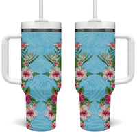 Hawaii Tropical Flowers Tumbler With Handle Sky Blue Polynesian Tattoo Art