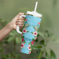 Hawaii Tropical Flowers Tumbler With Handle Sky Blue Polynesian Tattoo Art