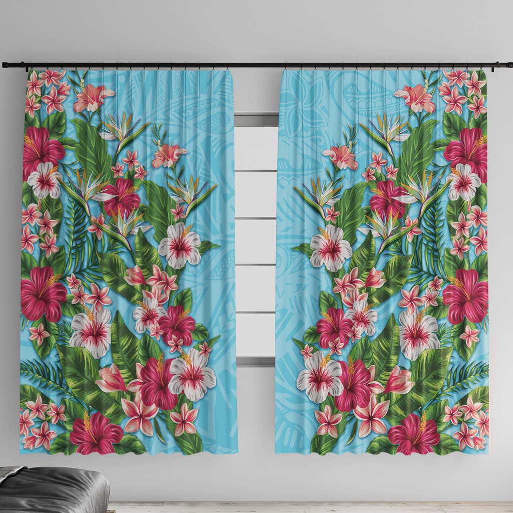 Hawaii Tropical Flowers Window Curtain Sky Blue Polynesian Tattoo Art