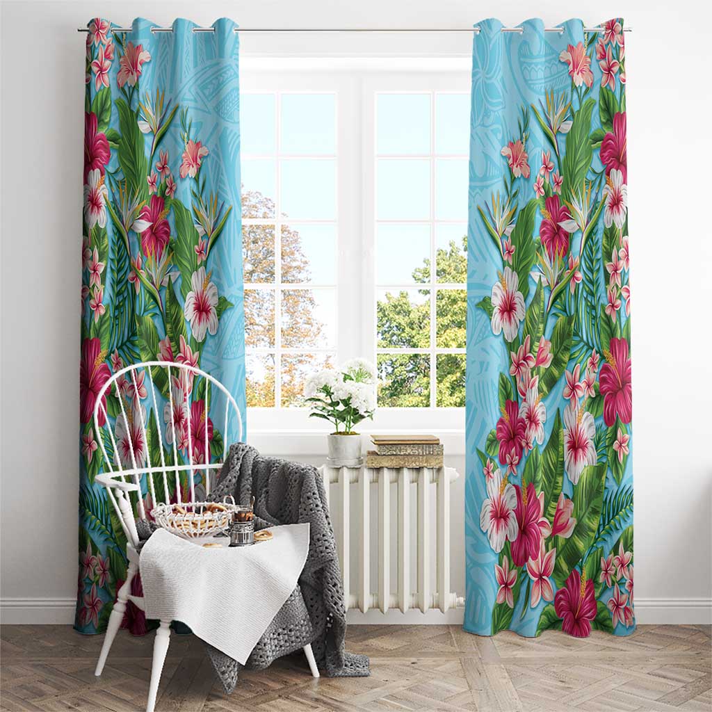 Hawaii Tropical Flowers Window Curtain Sky Blue Polynesian Tattoo Art