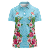 Hawaii Tropical Flowers Women Polo Shirt Sky Blue Polynesian Tattoo Art