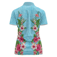 Hawaii Tropical Flowers Women Polo Shirt Sky Blue Polynesian Tattoo Art