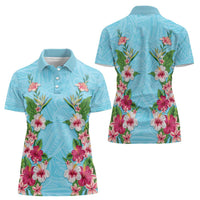 Hawaii Tropical Flowers Women Polo Shirt Sky Blue Polynesian Tattoo Art