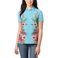 Hawaii Tropical Flowers Women Polo Shirt Sky Blue Polynesian Tattoo Art