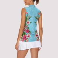 Hawaii Tropical Flowers Women Sleeveless Polo Shirt Sky Blue Polynesian Tattoo Art