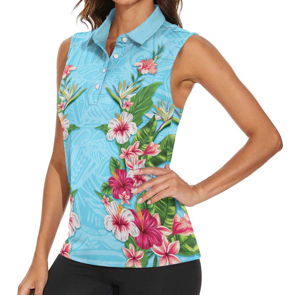 Hawaii Tropical Flowers Women Sleeveless Polo Shirt Sky Blue Polynesian Tattoo Art
