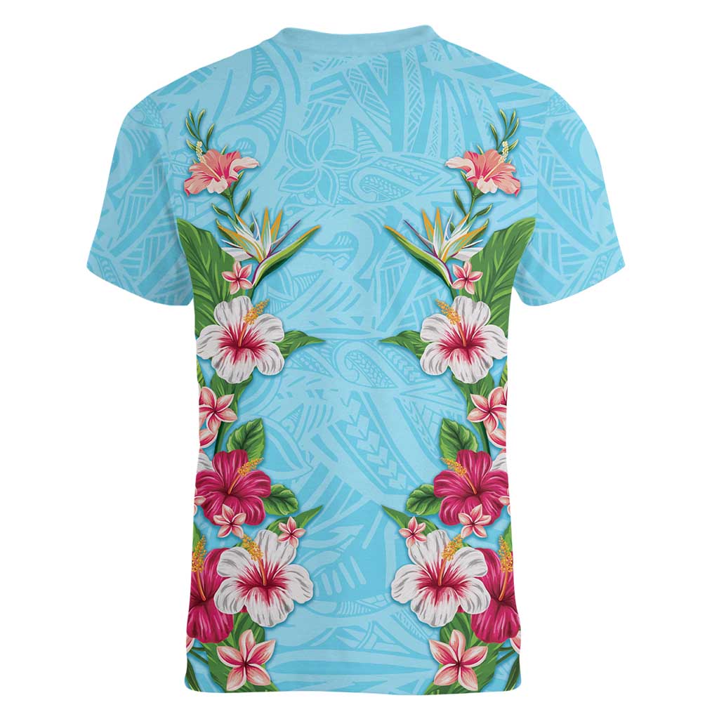 Hawaii Tropical Flowers Women V-Neck T-Shirt Sky Blue Polynesian Tattoo Art