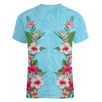 Hawaii Tropical Flowers Women V-Neck T-Shirt Sky Blue Polynesian Tattoo Art