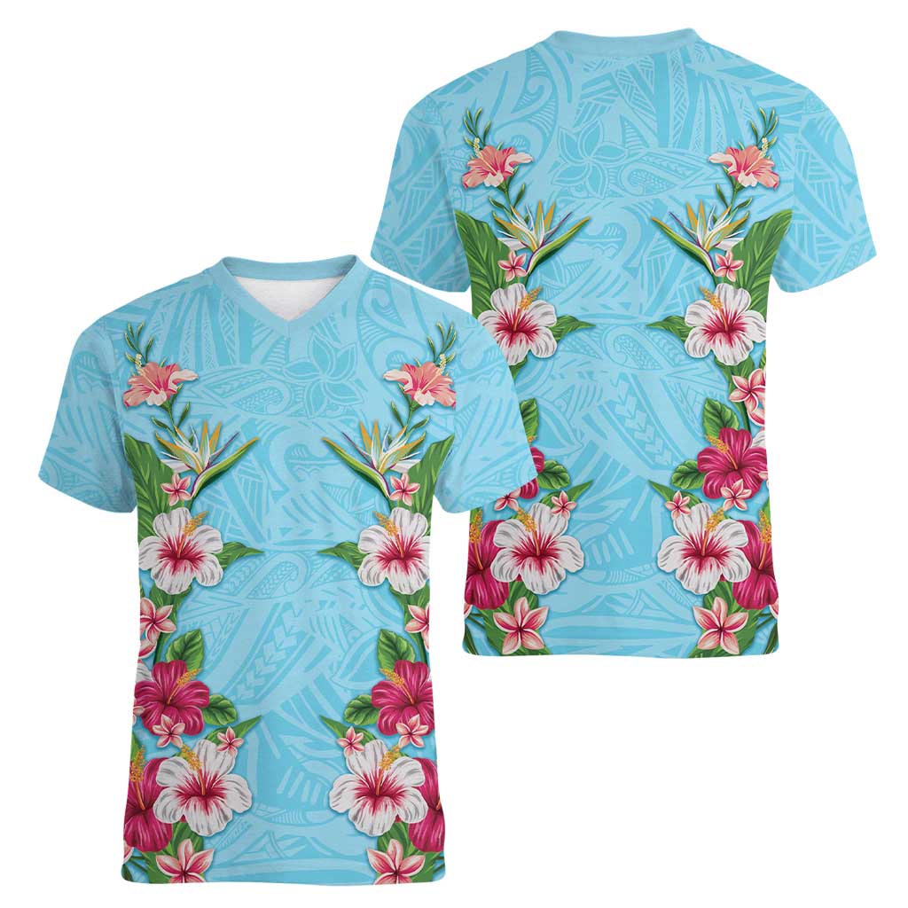 Hawaii Tropical Flowers Women V-Neck T-Shirt Sky Blue Polynesian Tattoo Art