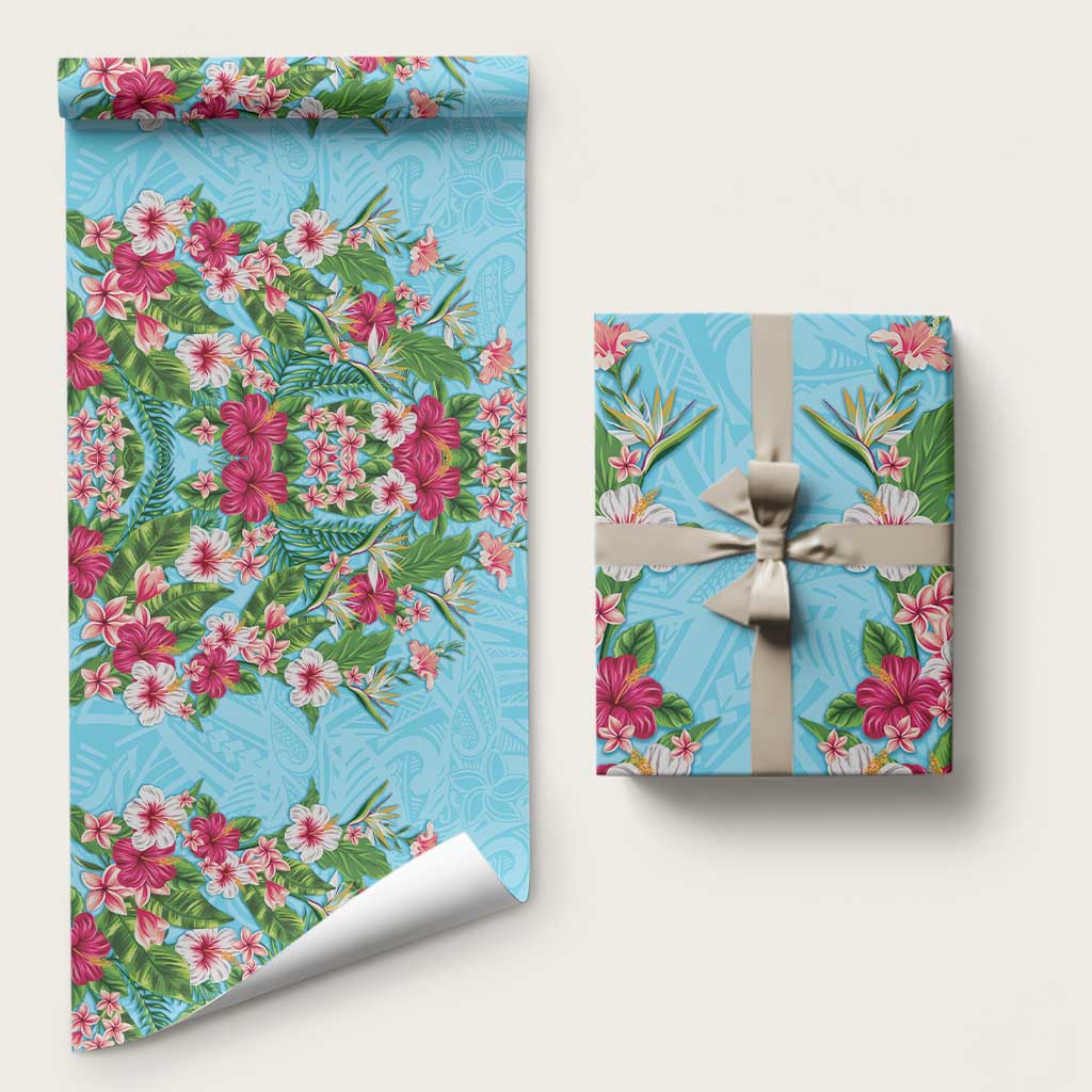 Hawaii Tropical Flowers Wrapping Paper Sky Blue Polynesian Tattoo Art