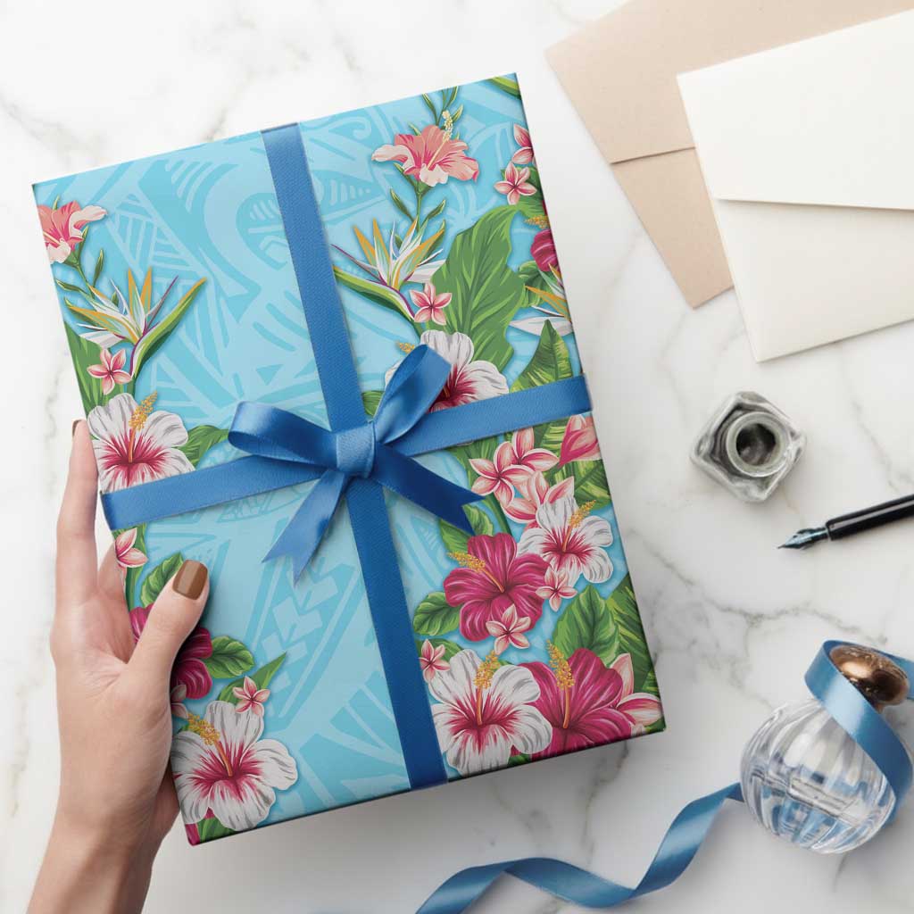 Hawaii Tropical Flowers Wrapping Paper Sky Blue Polynesian Tattoo Art