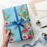 Hawaii Tropical Flowers Wrapping Paper Sky Blue Polynesian Tattoo Art