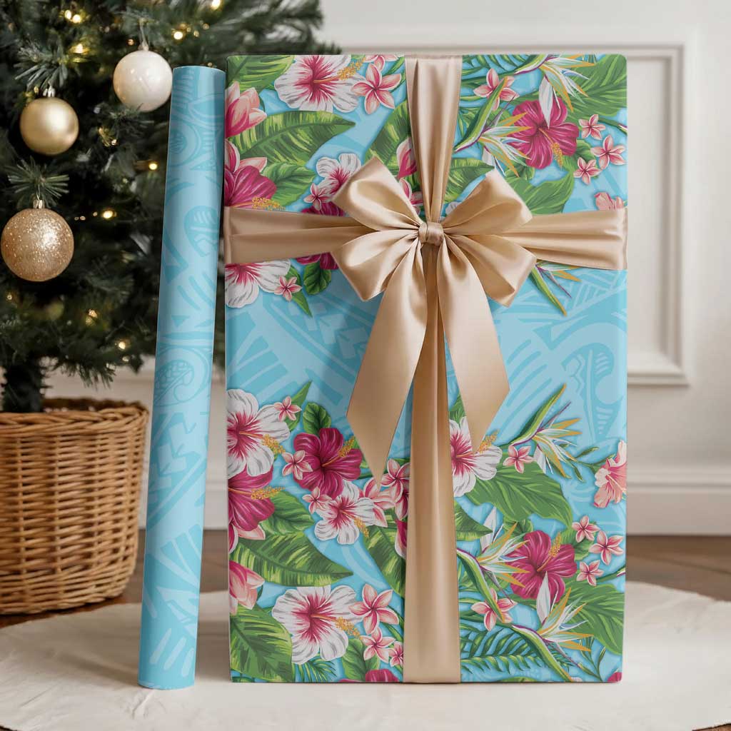 Hawaii Tropical Flowers Wrapping Paper Sky Blue Polynesian Tattoo Art