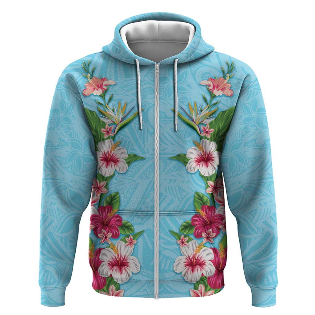 Hawaii Tropical Flowers Zip Hoodie Sky Blue Polynesian Tattoo Art