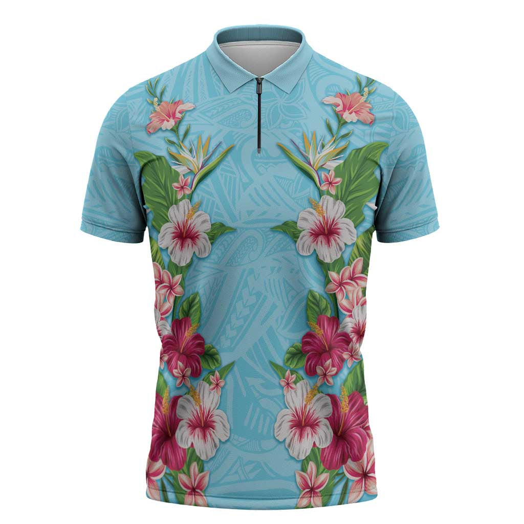 Hawaii Tropical Flowers Zipper Polo Shirt Sky Blue Polynesian Tattoo Art