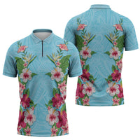 Hawaii Tropical Flowers Zipper Polo Shirt Sky Blue Polynesian Tattoo Art