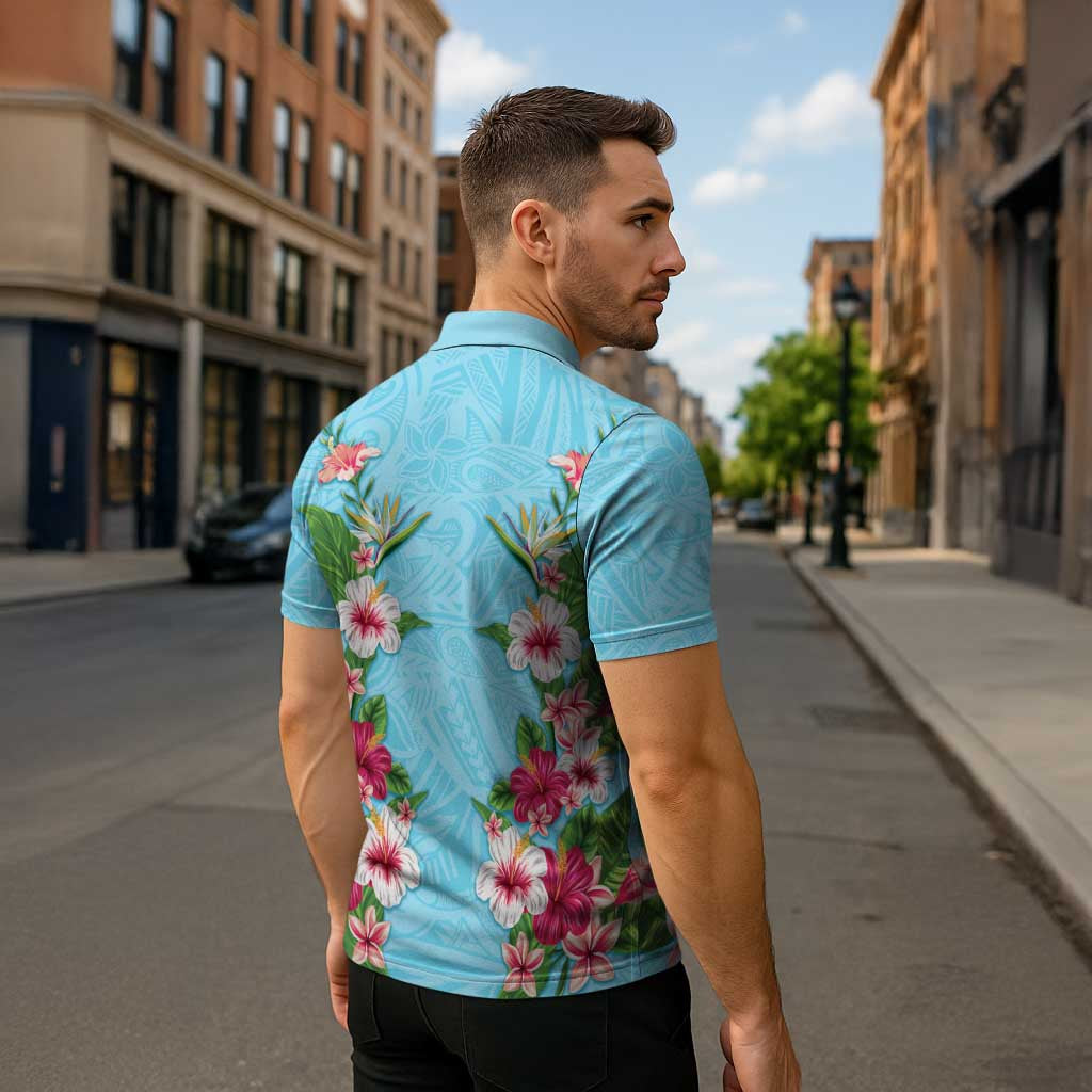 Hawaii Tropical Flowers Zipper Polo Shirt Sky Blue Polynesian Tattoo Art