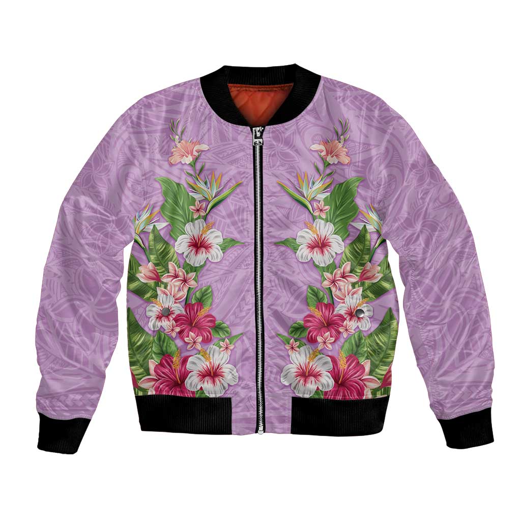 Hawaii Tropical Flowers Bomber Jacket Lavender Polynesian Tattoo Art