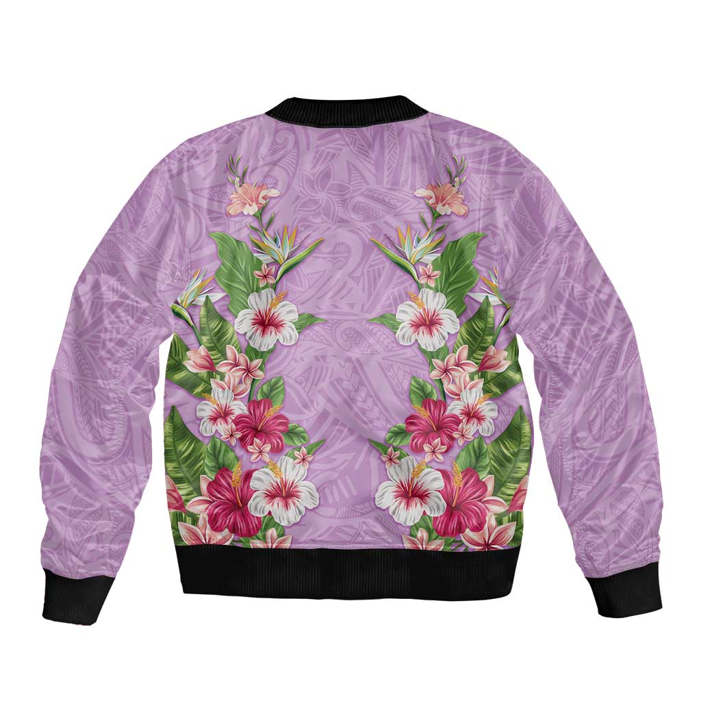 Hawaii Tropical Flowers Bomber Jacket Lavender Polynesian Tattoo Art