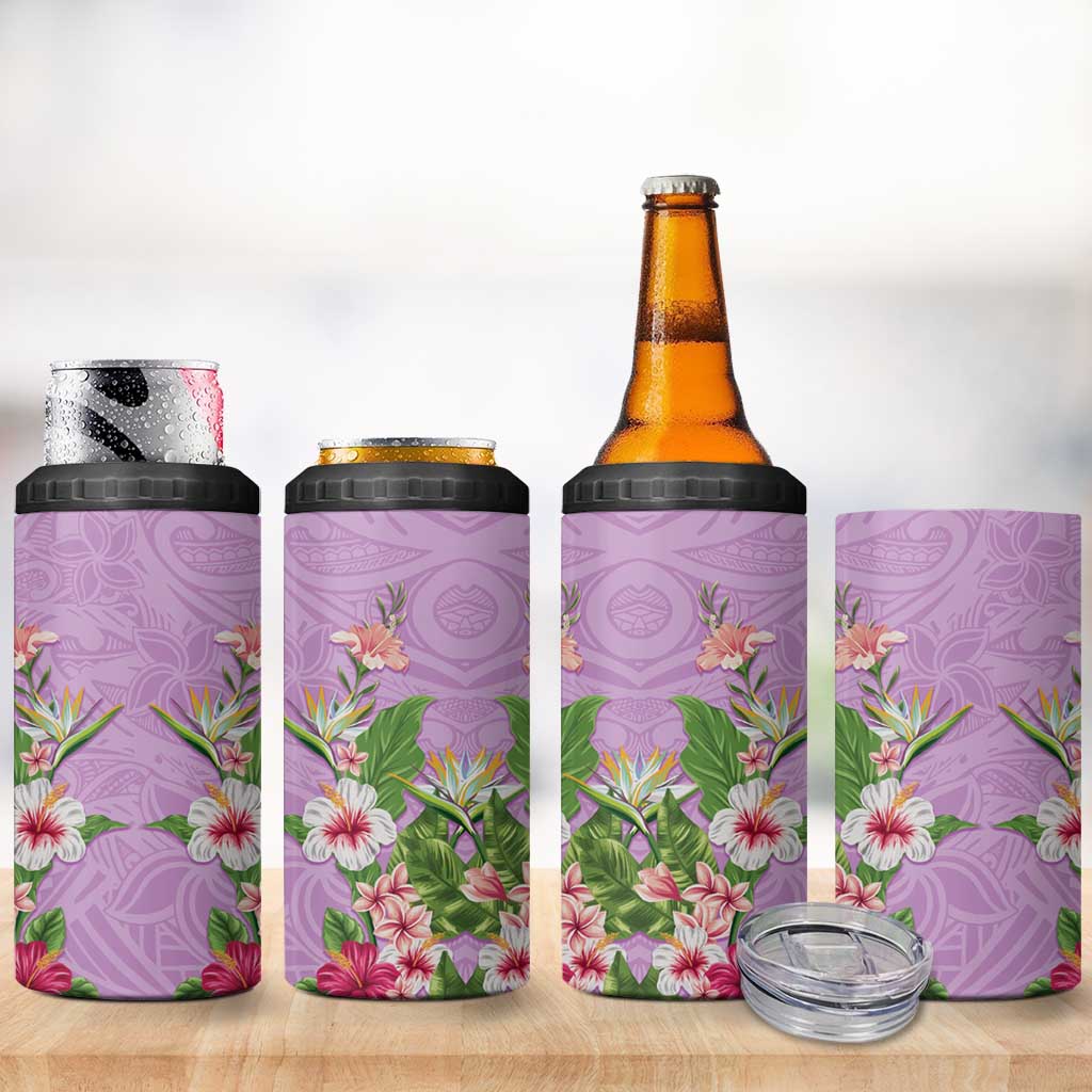Hawaii Tropical Flowers 4 in 1 Can Cooler Tumbler Lavender Polynesian Tattoo Art