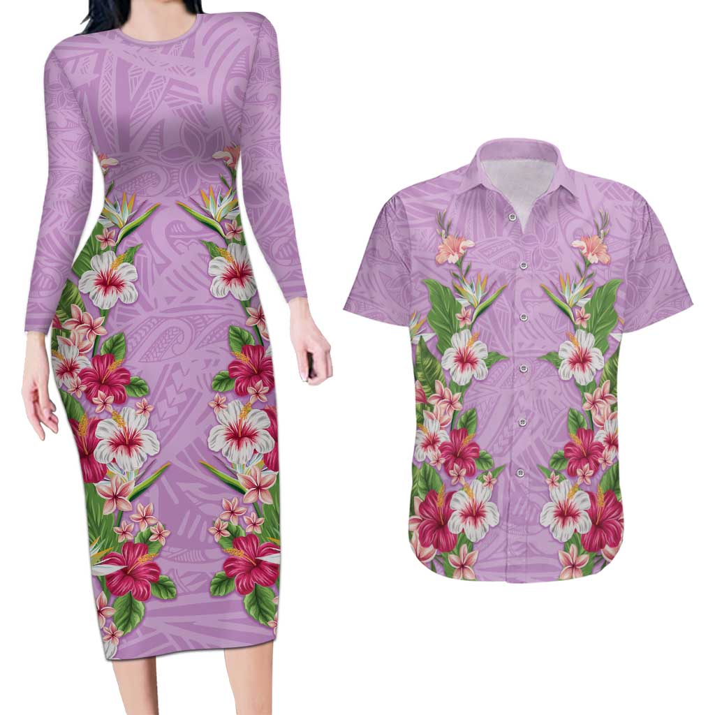 Hawaii Tropical Flowers Couples Matching Long Sleeve Bodycon Dress and Hawaiian Shirt Lavender Polynesian Tattoo Art LT05 Lavender - Polynesian Pride