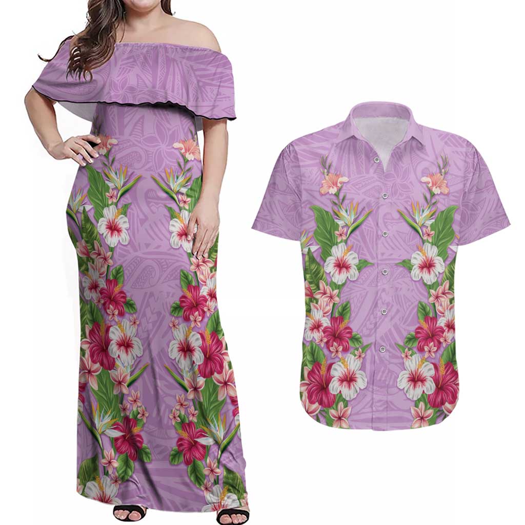 Hawaii Tropical Flowers Couples Matching Off Shoulder Maxi Dress and Hawaiian Shirt Lavender Polynesian Tattoo Art