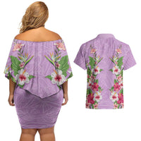 Hawaii Tropical Flowers Couples Matching Off Shoulder Short Dress and Hawaiian Shirt Lavender Polynesian Tattoo Art