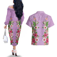 Hawaii Tropical Flowers Couples Matching Off The Shoulder Long Sleeve Dress and Hawaiian Shirt Lavender Polynesian Tattoo Art LT05 - Polynesian Pride