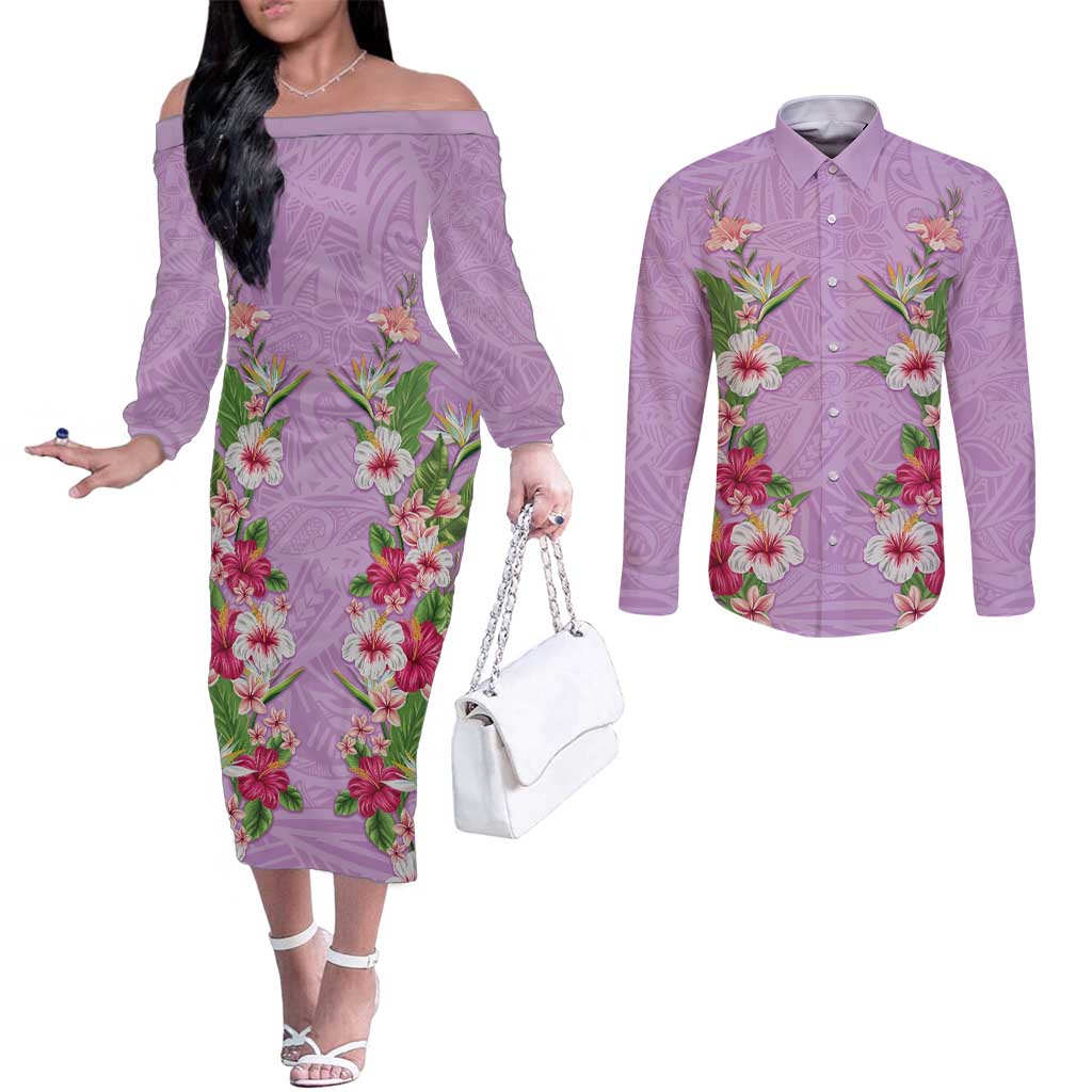 Hawaii Tropical Flowers Couples Matching Off The Shoulder Long Sleeve Dress and Long Sleeve Button Shirt Lavender Polynesian Tattoo Art