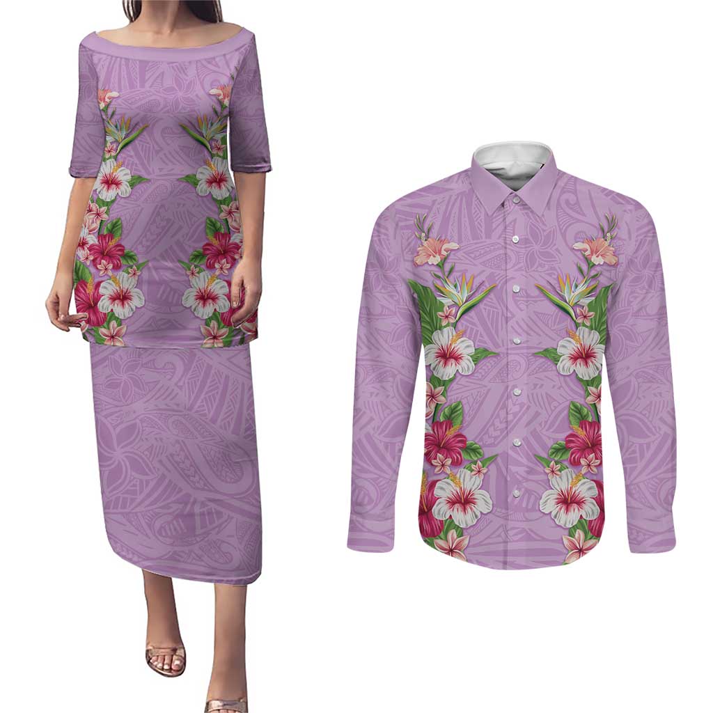 Hawaii Tropical Flowers Couples Matching Puletasi and Long Sleeve Button Shirt Lavender Polynesian Tattoo Art