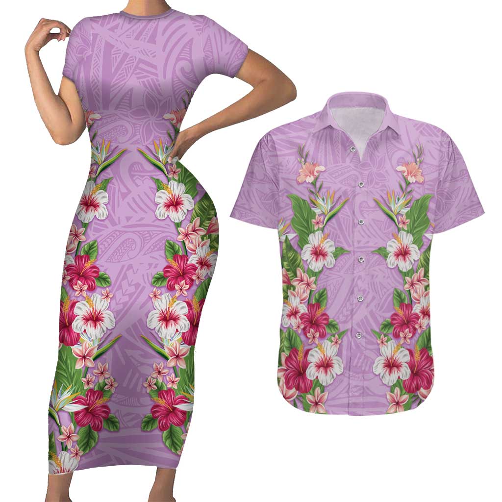 Hawaii Tropical Flowers Couples Matching Short Sleeve Bodycon Dress and Hawaiian Shirt Lavender Polynesian Tattoo Art LT05 Lavender - Polynesian Pride