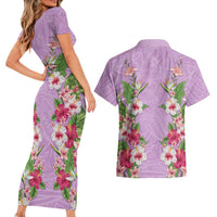 Hawaii Tropical Flowers Couples Matching Short Sleeve Bodycon Dress and Hawaiian Shirt Lavender Polynesian Tattoo Art LT05 - Polynesian Pride