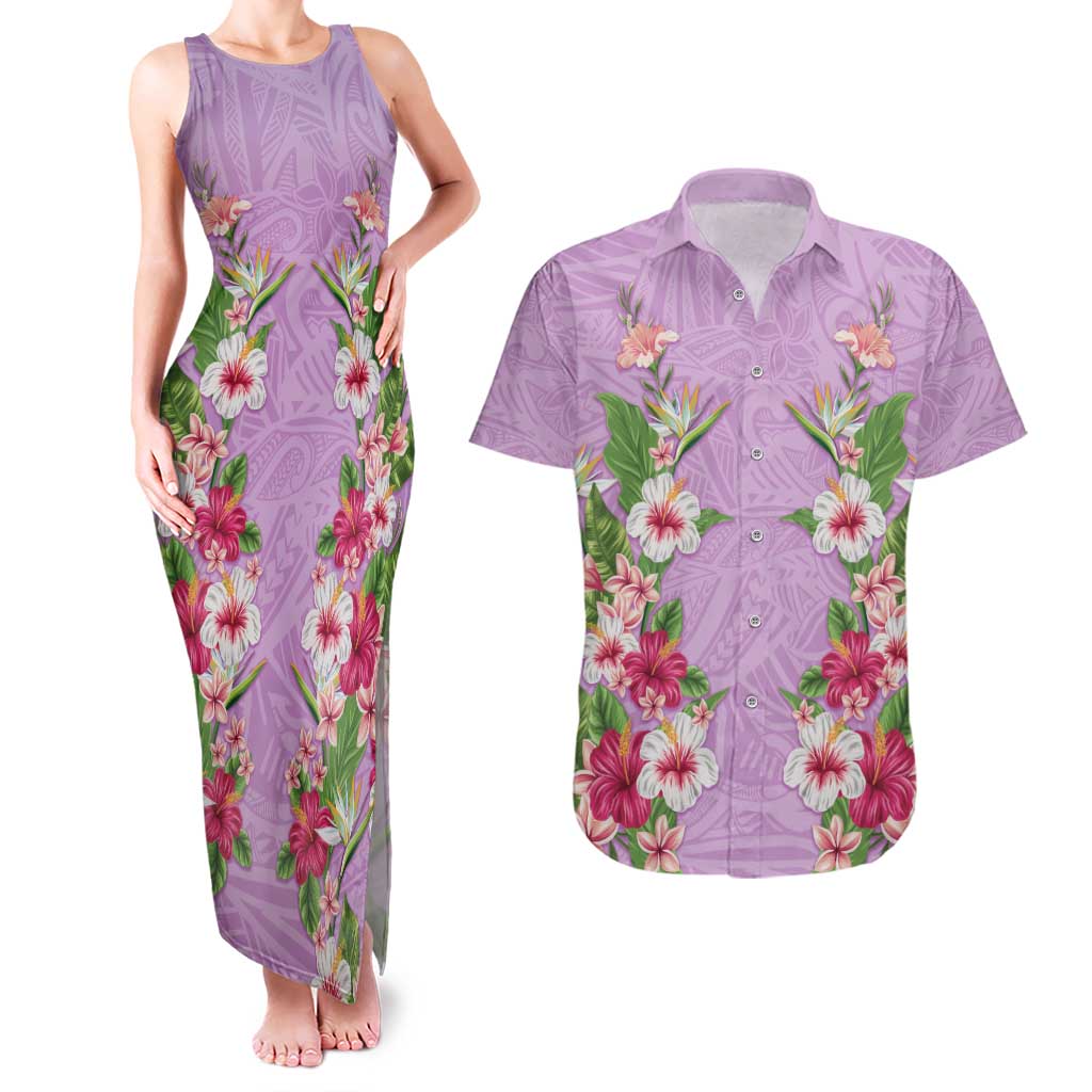 Hawaii Tropical Flowers Couples Matching Tank Maxi Dress and Hawaiian Shirt Lavender Polynesian Tattoo Art
