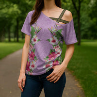 Hawaii Tropical Flowers Cross Shoulder Shirt Lavender Polynesian Tattoo Art