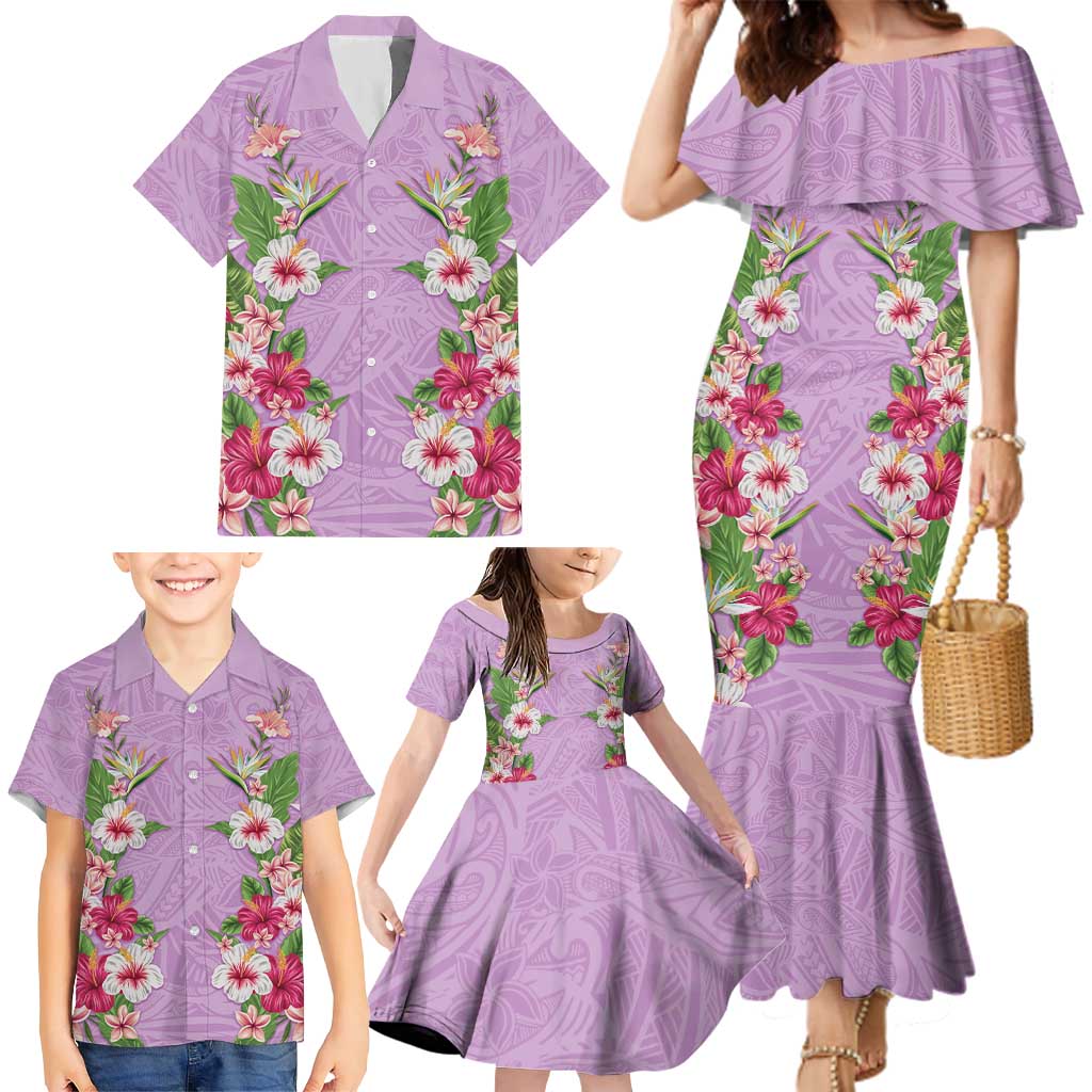 Hawaii Tropical Flowers Family Matching Mermaid Dress and Hawaiian Shirt Lavender Polynesian Tattoo Art LT05 - Polynesian Pride