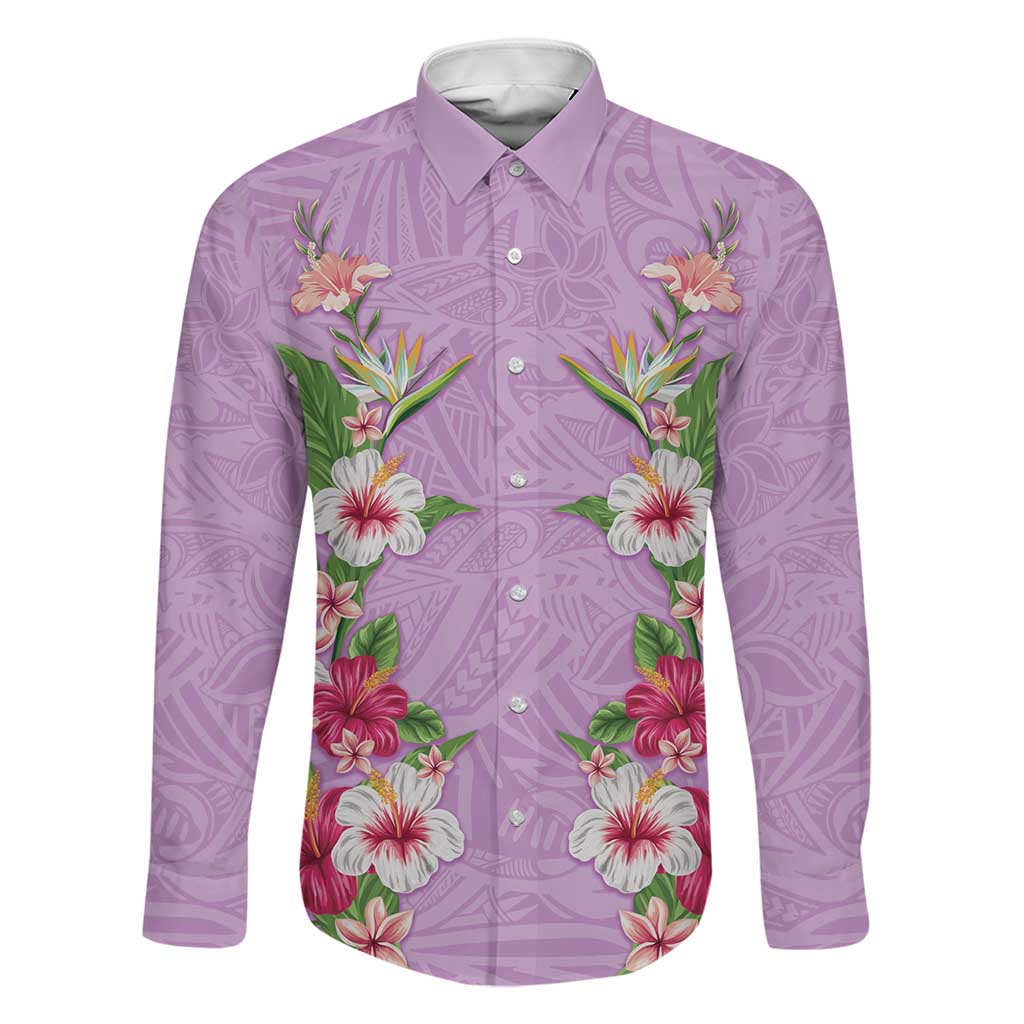 Hawaii Tropical Flowers Family Matching Mermaid Dress and Hawaiian Shirt Lavender Polynesian Tattoo Art LT05 Dad's Shirt - Long Sleeve Lavender - Polynesian Pride