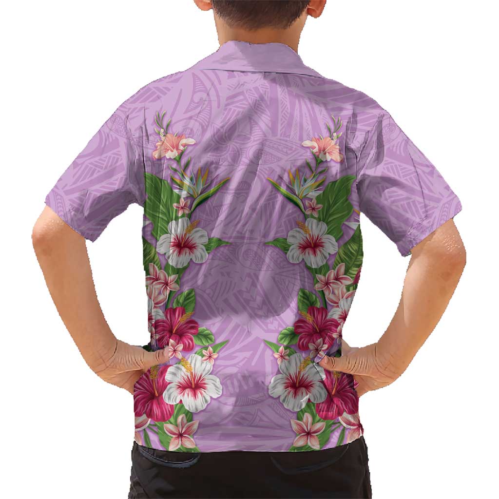 Hawaii Tropical Flowers Family Matching Off The Shoulder Long Sleeve Dress and Hawaiian Shirt Lavender Polynesian Tattoo Art LT05 - Polynesian Pride