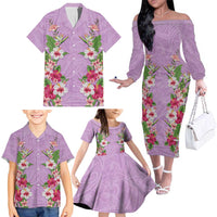 Hawaii Tropical Flowers Family Matching Off The Shoulder Long Sleeve Dress and Hawaiian Shirt Lavender Polynesian Tattoo Art LT05 - Polynesian Pride