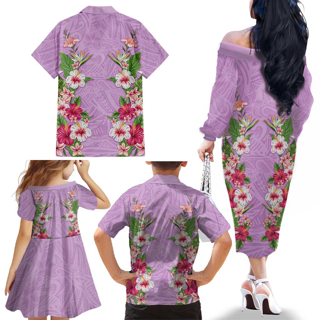 Hawaii Tropical Flowers Family Matching Off The Shoulder Long Sleeve Dress and Hawaiian Shirt Lavender Polynesian Tattoo Art LT05 - Polynesian Pride