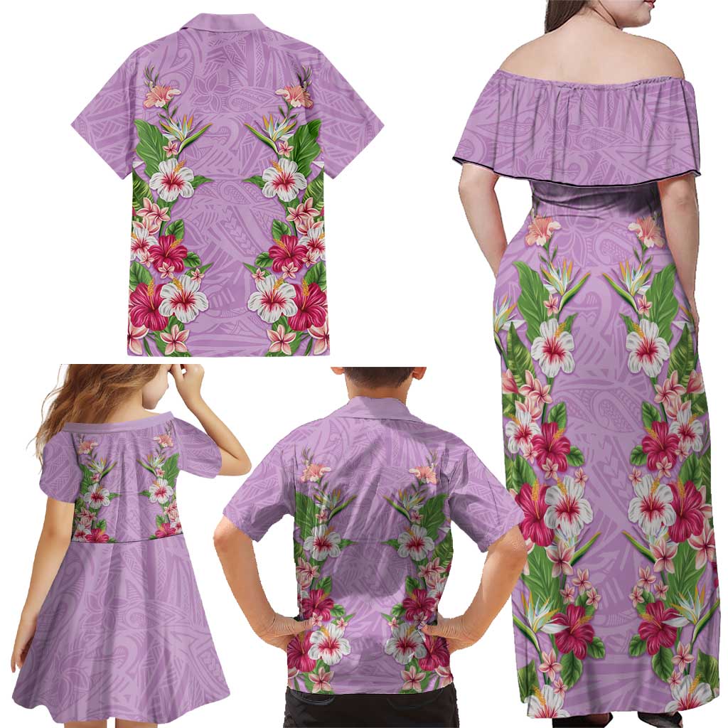 Hawaii Tropical Flowers Family Matching Off Shoulder Maxi Dress and Hawaiian Shirt Lavender Polynesian Tattoo Art LT05 - Polynesian Pride