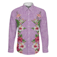 Hawaii Tropical Flowers Family Matching Off Shoulder Maxi Dress and Hawaiian Shirt Lavender Polynesian Tattoo Art LT05 Dad's Shirt - Long Sleeve Lavender - Polynesian Pride