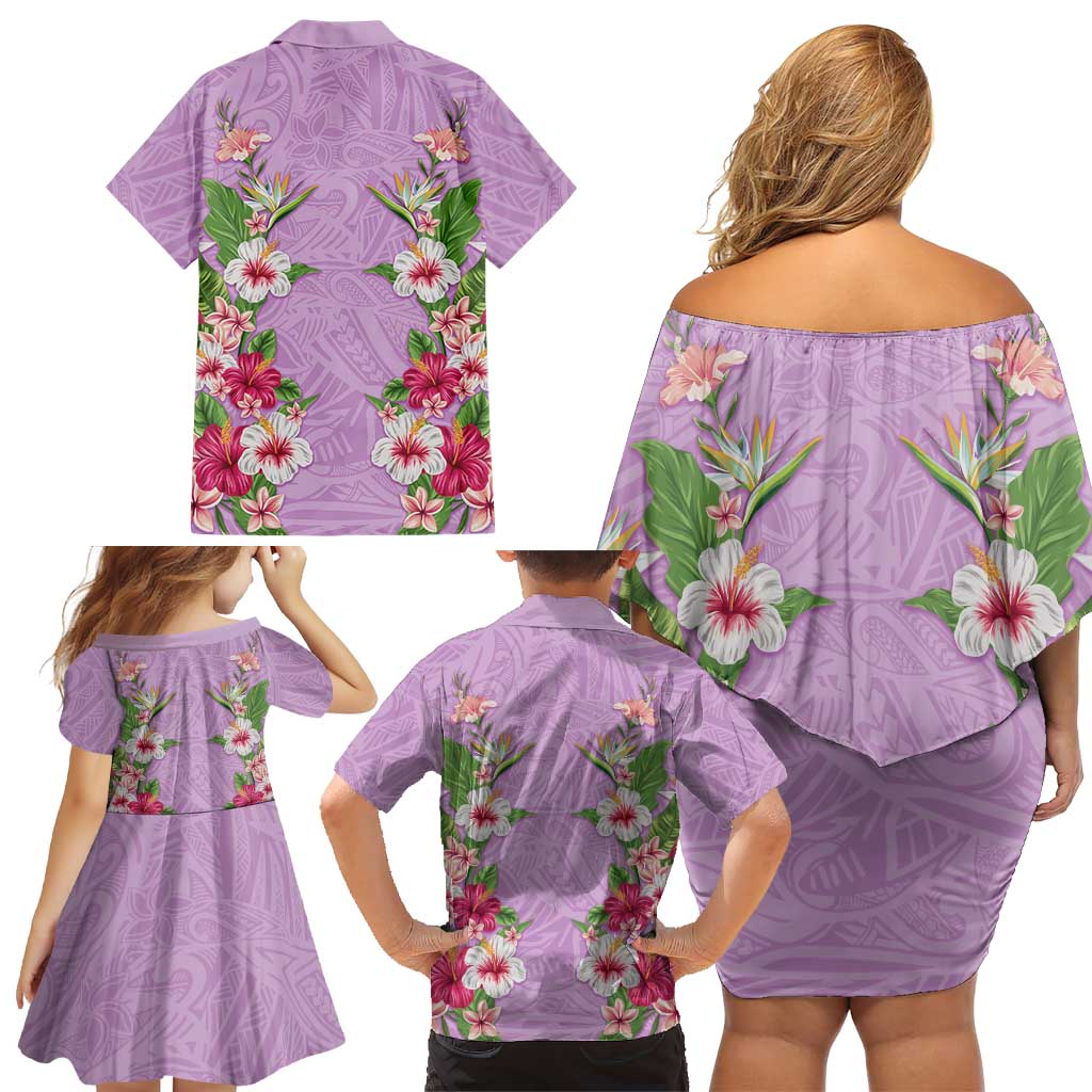 Hawaii Tropical Flowers Family Matching Off Shoulder Short Dress and Hawaiian Shirt Lavender Polynesian Tattoo Art LT05 - Polynesian Pride
